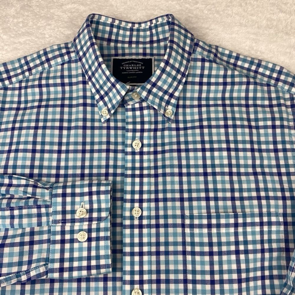 Charles Tyrwhitt Shirt Mens Medium Blue Checks Slim Fit